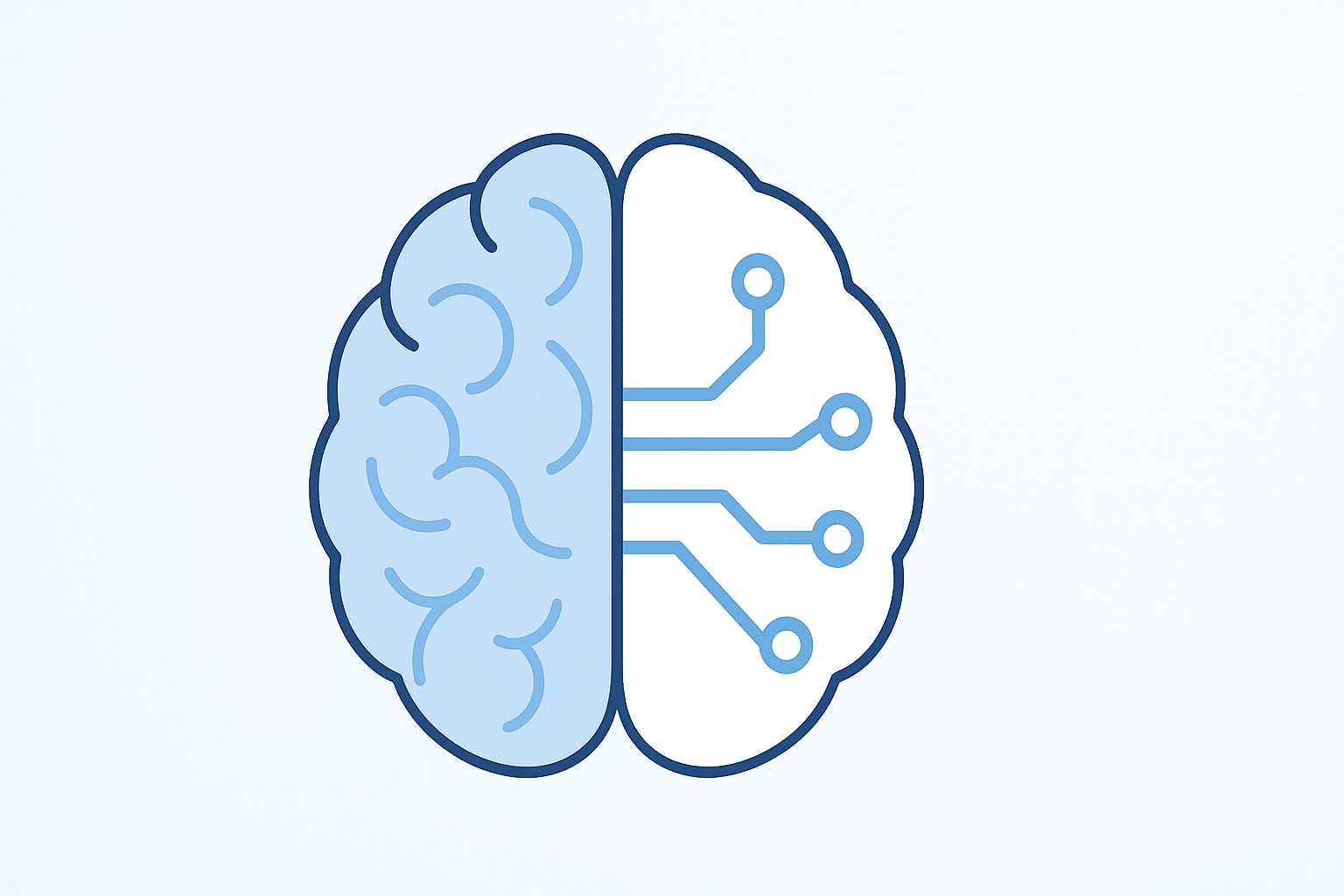 Vector split brain showing human folds and AI circuit patterns, representing style-aligned coaching that blends psychology with artificial intelligence